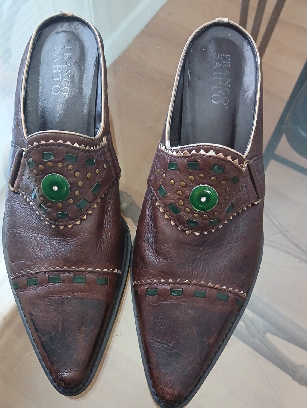 Franco Sarto Woman’s Brown Leather Slip-On Shoes with Green Accent